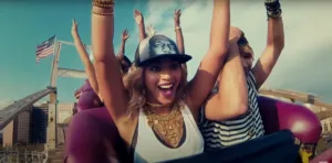 Frame from Beyonce's music video XO in Coney Island's Cyclone rollercoaster