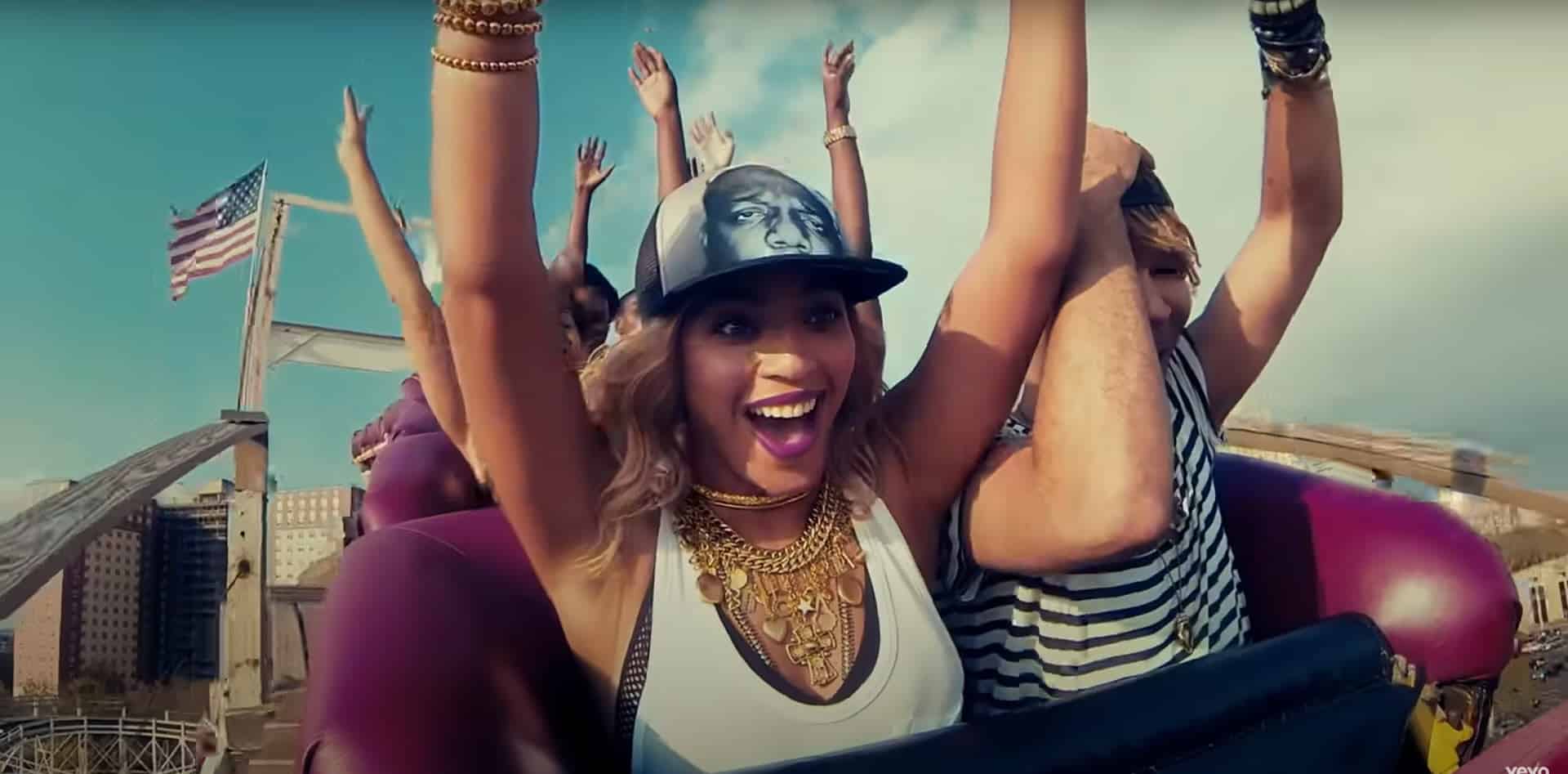 Frame from Beyonce's music video XO in Coney Island's Cyclone rollercoaster